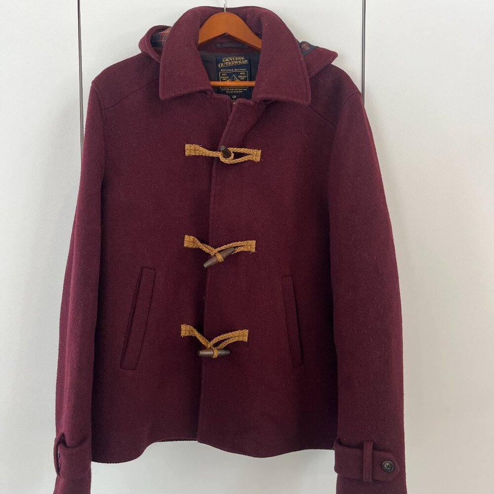 SCOTCH & SODA Men L Duffle Toggle Coat Wool Parka Burgundy Jacket Hooded Hood